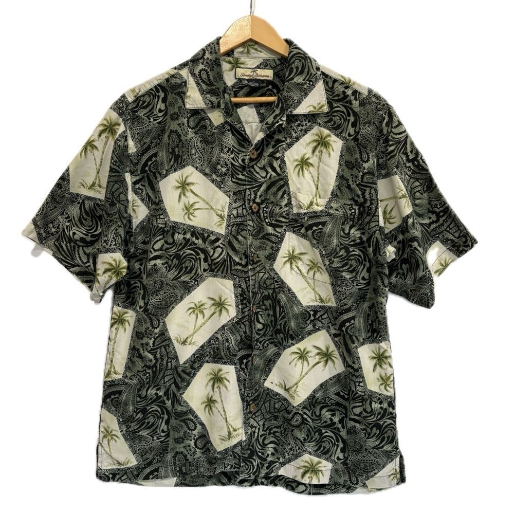 Tommy Bahama 100% Silk Palm Tree Print Camp Shirt Mens Size Small Short Sleeve